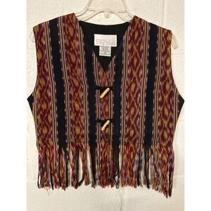 Passports Pier 1 Imports Boho Woven Ikat Fringe Toggle Vest Small Burgundy Multi